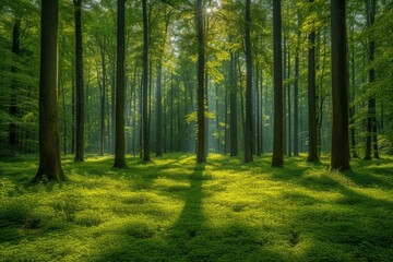 The sun shines through the tall trees in the forest