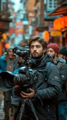 Fototapeta premium A young man with a beard is holding a camera and filming something on the street.
