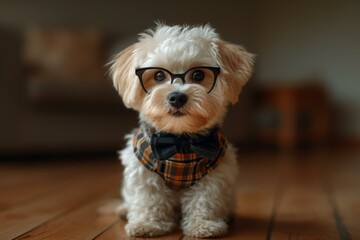 A cute dog wearing glasses and a bow tie is sitting on the floor
