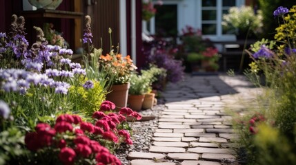 Captivating Spring Garden: A Path Lined with Blossoming Flower Pots Leading to a Cozy Home. Generative AI