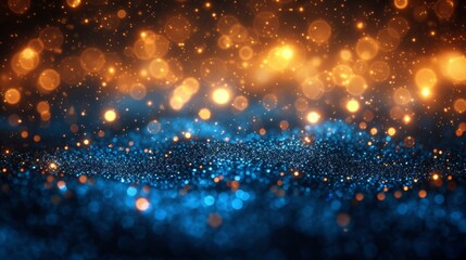 Blue and gold glitter texture with glowing lights background