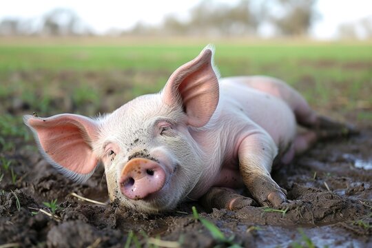 A plump pig happily rolls around, sleeps in a dirty field.