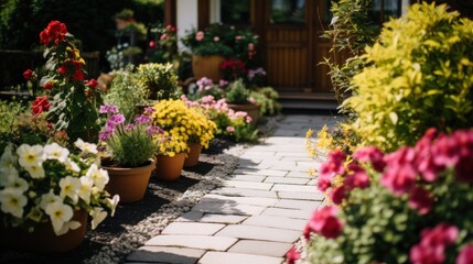 
Entrance To A Garden Of A House, With A Path With Pots Of Various Flowers. Gardening Background With Flower Pots In A Sunny Spring Or Summer Garden. Generative AI