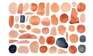 Terracotta, blue, orange, blush, pink, ivory watercolor shapes. AI generated
