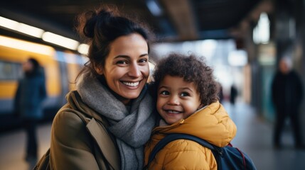 Smiling And Happy Mother And Little Daughter At The Train Station. Family Or Solo Travel Concept. Generative AI - obrazy, fototapety, plakaty