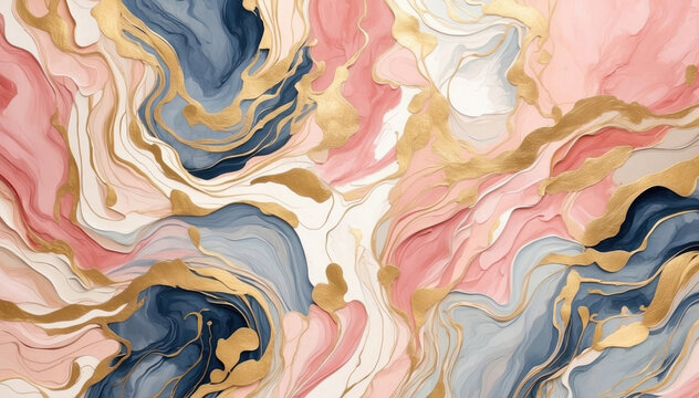 Wallpaper design with paint brushes, blue, pink and gold. AI generated
