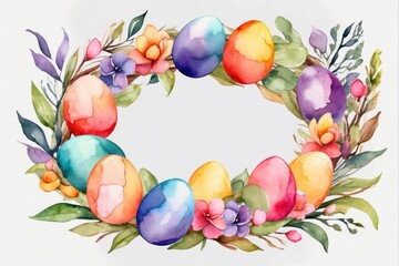Watercolor Colorful Easter eggs wreath. AI generated