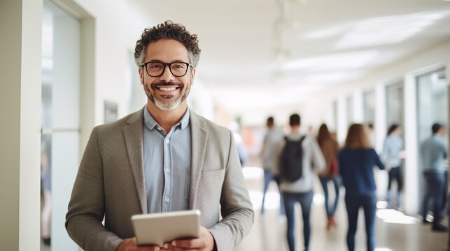 Portrait Of Teacher In University Hall. Generative AI