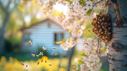 Spring Background of a Garden with a Beautiful Flowering Tree and a Bee Hive on One of Its Branches...