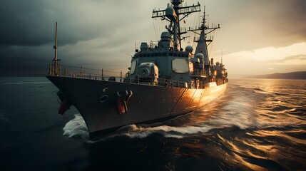 High-angle shot of a naval destroyer patrolling the open sea, showcasing naval power and maritime security - obrazy, fototapety, plakaty
