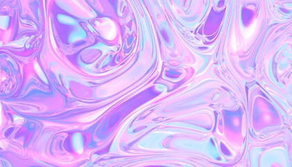 3D illustration - Wavy holographic glass texture with iridescent pink and purple colors - obrazy, fototapety, plakaty