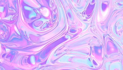 Foto op Canvas 3D illustration - Wavy holographic glass texture with iridescent pink and purple colors © LUMA