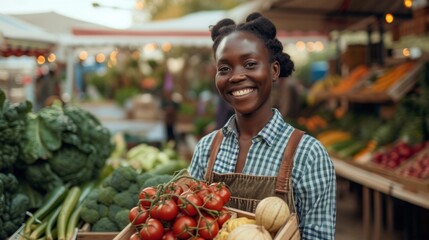Confident African Businesswoman Gracefully Holds a Box Overflowing with Vibrant Fruits and Vegetables. Outdoor Farmers Market Stall, Showcasing a Bounty of Fresh, Organic Farm Products. Generative AI