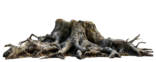 Old textured tree stump with sprawling roots isolate on transparent background, cutout, png