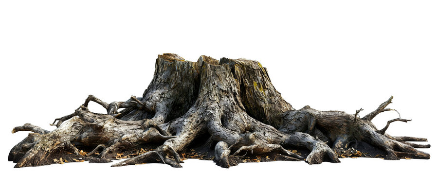 Realistic image of an old, textured tree stump with sprawling roots, isolated on a white background