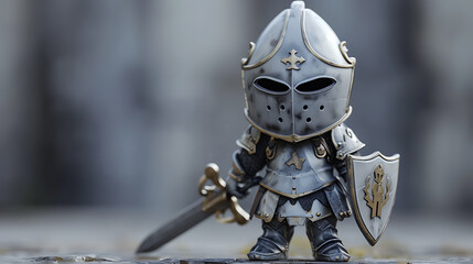 A brave warrior knight in shining armor stands courageously on a silver background.