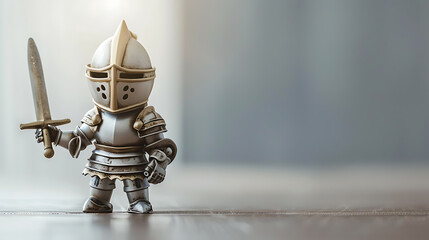 A brave warrior knight in shining armor stands courageously on a silver background.