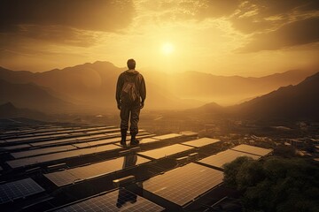 the male engineer is standing on the roof with solar panel - obrazy, fototapety, plakaty