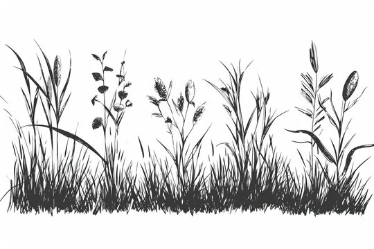 Hand drawn ink grass set isolated on white background. 