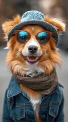 cool fashion street orange dog with hat and sunglasses panting