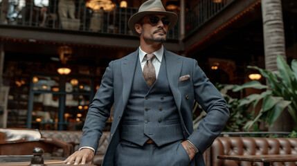 sexy tough businessman wearing elegant suit with waistcoat and sunglasses
