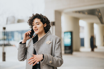 A styled woman in business attire chats on her phone with a confident look, set against a modern...