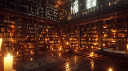A mystical library where shelves stretch endlessly, filled with ancient tomes, and floating candles illuminate the enchanting space. - obrazy, fototapety, plakaty
