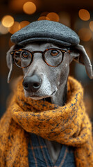 beautiful greyhound dog with hat, eyeglasses and scarf looking away