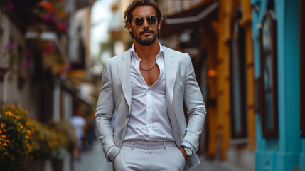 sexy bearded man with open collar shirt in grey suit walking - obrazy, fototapety, plakaty