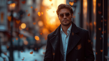 sexy young man with glasses wearing winter coat and posing - obrazy, fototapety, plakaty