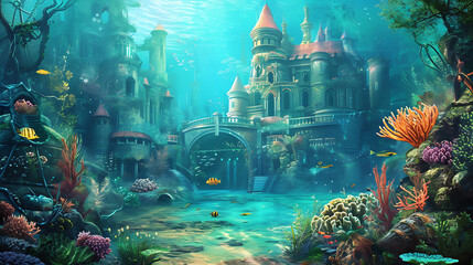 Fototapeta na wymiar Explore a mesmerizing underwater realm inhabited by enchanting mermaids, shimmering sunken treasures, and a breathtaking coral palace.