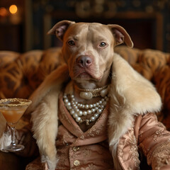 sophisticated dog wearing luxury costume with fur and drinking cocktail