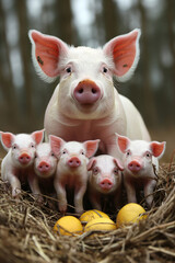 pig mother looking at camera while keeping safe her little pink pigs