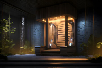 sauna room with a custom ice fountain - obrazy, fototapety, plakaty