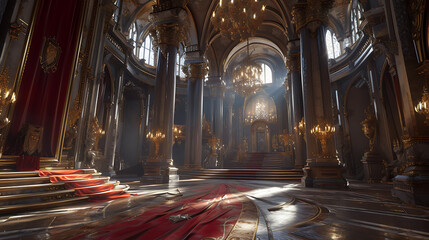 A majestic royal court filled with gallant knights, influential noble families, and a magnificent grand throne room. - obrazy, fototapety, plakaty