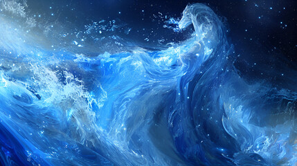 Aquarius amidst blue cosmic waves - an abstract depiction of water or a water bearer, set against an innovative blue, starry background - obrazy, fototapety, plakaty