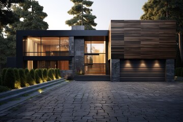 A contemporary residence with a sizable driveway situated in the front. - obrazy, fototapety, plakaty