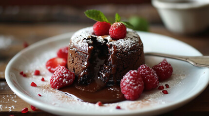 Lava cake, a chocolate eruption. Gooey, molten center enclosed by a moist, decadent exterior. A warm, indulgent delight for every chocoholic's cravings.