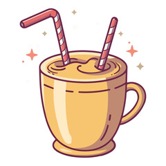 Vector illustration of a drink mug with creamy beverage, straw, and three bubbles. white isolated background, perfect for cafe menus, food blogs, and kitchen decor
