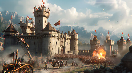 Witness an epic medieval castle siege unfold as catapults launch fiery projectiles, archers rain arrows from above, and knights engage in fierce hand-to-hand combat. - obrazy, fototapety, plakaty
