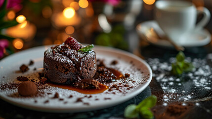 Fototapeta na wymiar Lava cake, a chocolate eruption. Gooey, molten center enclosed by a moist, decadent exterior. A warm, indulgent delight for every chocoholic's cravings.