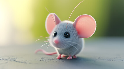 A whimsical 3D mouse with a playful design, brimming with cleverness and residing against a light gray backdrop.