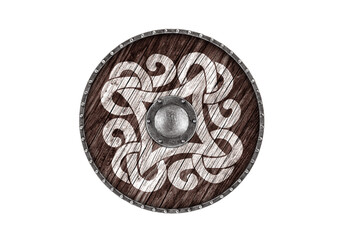 Old decorated wooden round shield isolated on white background