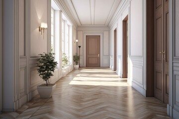A long, well-lit hallway featuring a prominently placed potted plant.