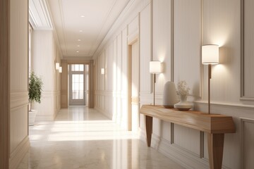 Fototapeta na wymiar A straightforward image of a long hallway featuring white walls and flooring.