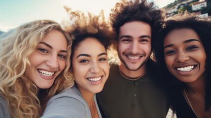 Obraz premium Multicultural group of friends taking selfie picture outside