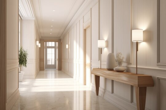 A straightforward image of a long hallway featuring white walls and flooring.