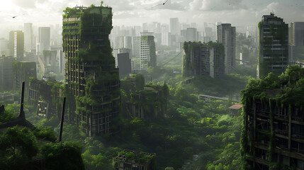 Fototapeta premium A post-apocalyptic city engulfed by thriving nature, with broken skyscrapers peeking through lush foliage.