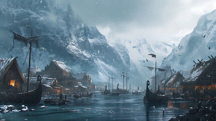 An enchanting Nordic Viking village nestled in the midst of snowy mountains and stunning fjords, inhabited by rugged warriors and adorned with majestic longships. - obrazy, fototapety, plakaty