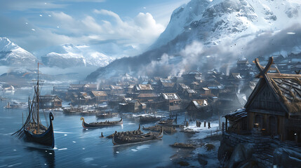 An enchanting Nordic Viking village nestled in the midst of snowy mountains and stunning fjords, inhabited by rugged warriors and adorned with majestic longships. - obrazy, fototapety, plakaty